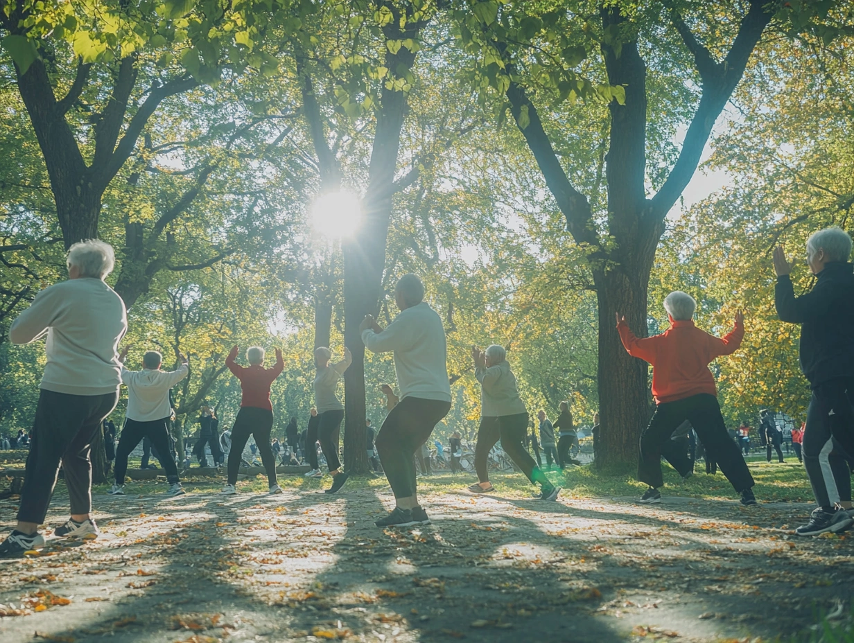 Клубний захід - літні люди виконують групову розминку в парку