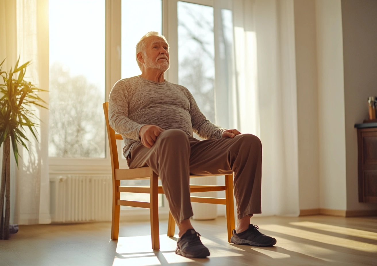 Вправа для укріплення м'язів ніг - елемент присідання з опорою на стільці