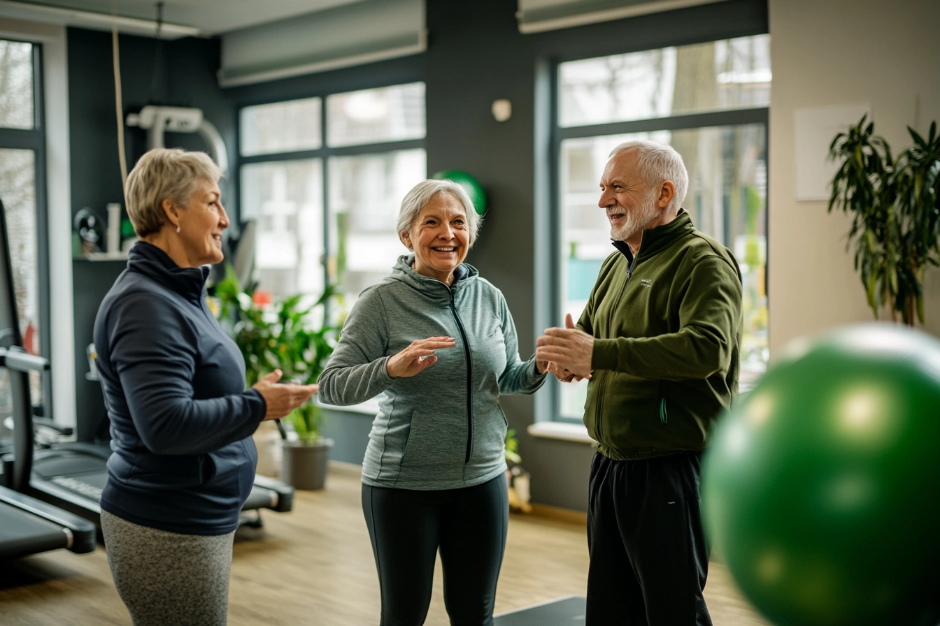 Група активних пенсіонерів займається фітнесом з тренером